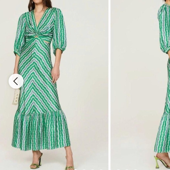 Sandro Agnetta Maxi Dress Cut Out Details 3/4 Sleeve Green Viscose Bias Cut - Picture 16 of 16